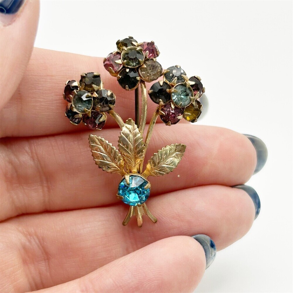 Vintage Blue Purple Rhinestone Floral Spray Brooch Gold Tone Bouquet Pin